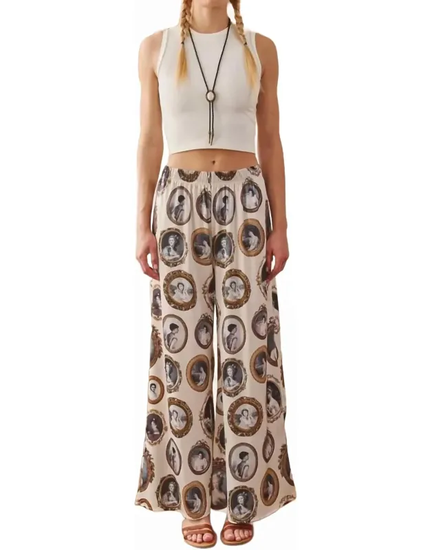 Vintage Portrait Print Wide Leg Pants
