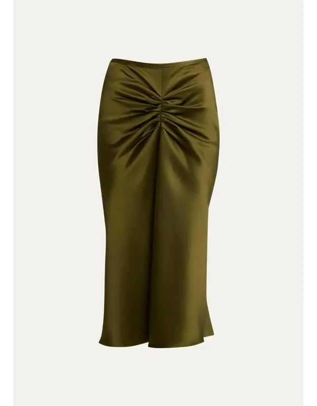 Gathered Waist Satin Midi Skirt