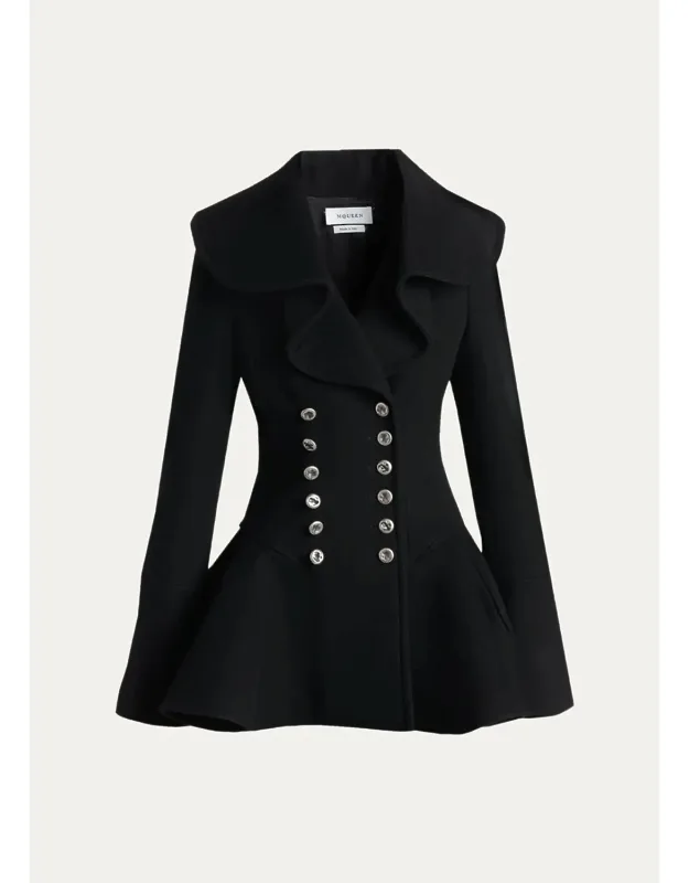 Ruffle Wool Fitted Double-breasted Coat