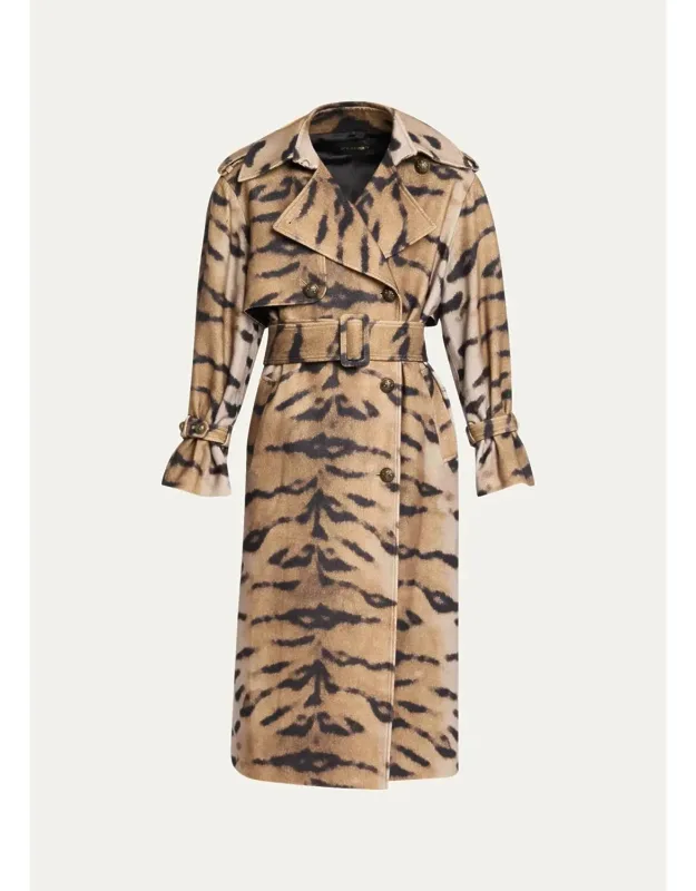 Tiger-print Wool Trench Coat