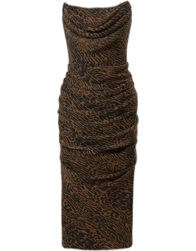 Strapless Leopard Chiffon Knee-length Dress