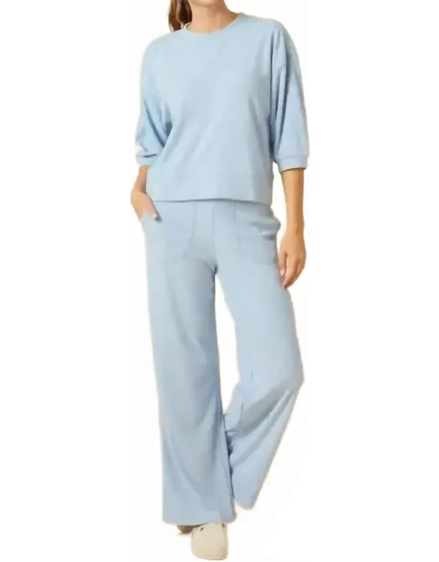 Terry Cropped Sleeve Crew Neck With Wide Leg Pants Set