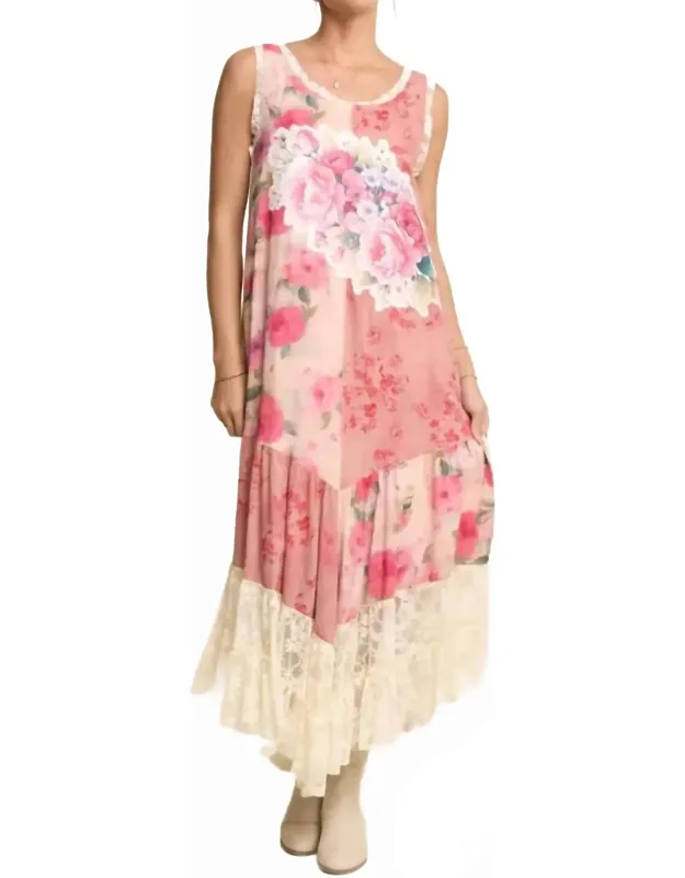 Print Flower Patchwork Lace Tiered Dress
