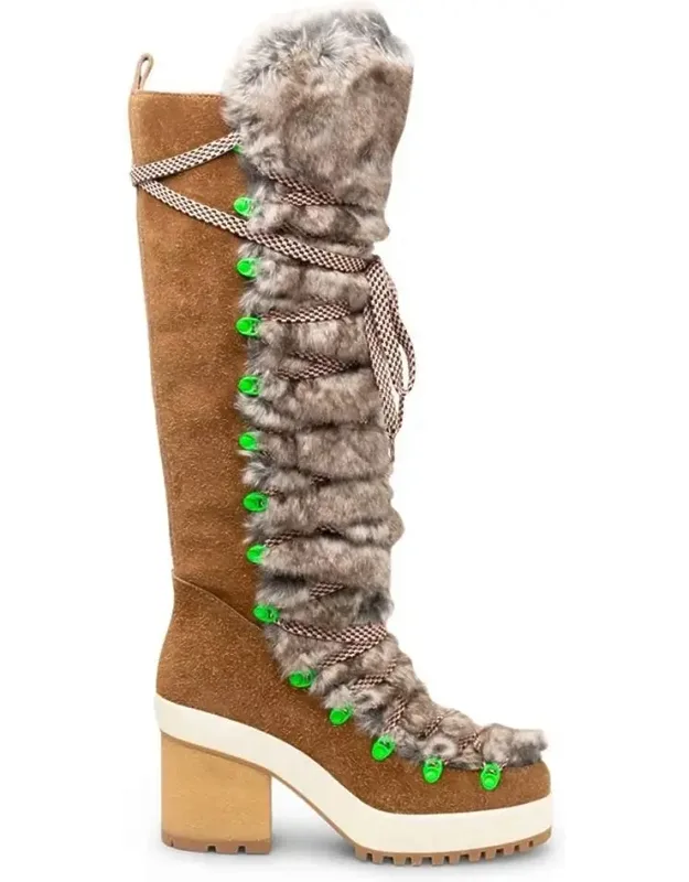 Fur-trimmed Lace-up Knee-high Boots With Stable Block Heel And Cozy Faux Fur Trim
