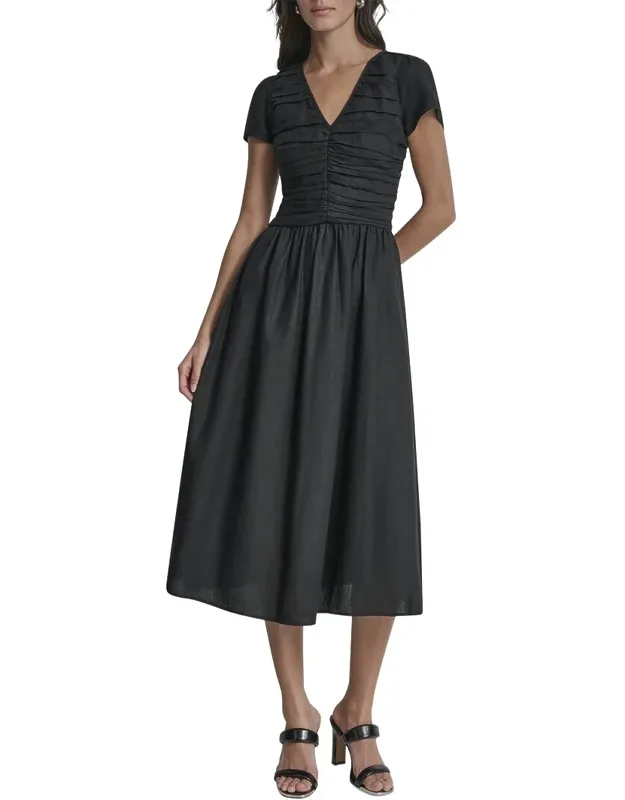 Shirring Cap Sleeve Linen-blend Dress