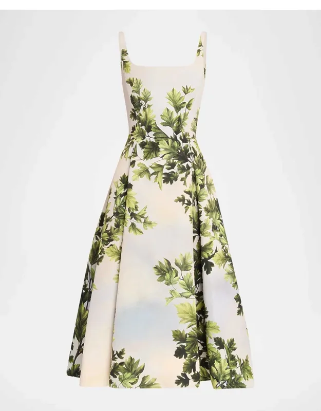 Sleeveless Foliage-print Midi Dress