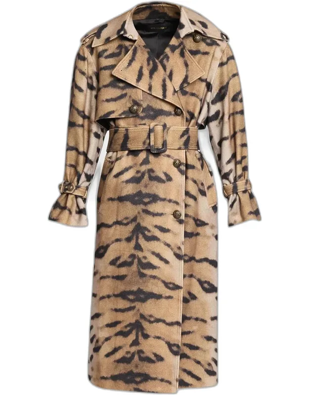 Tiger-print Wool Trench Coat