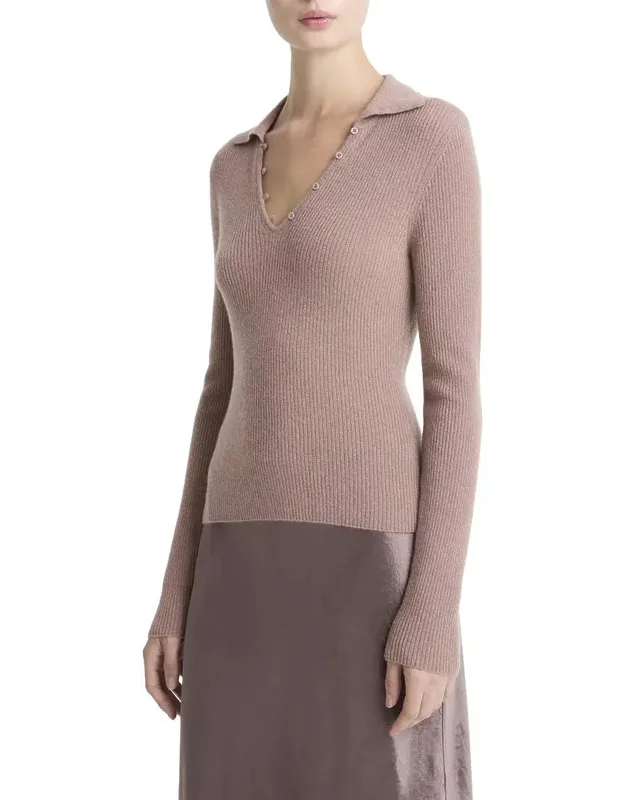 Ribbed Button Loop Cashmere & Silk-blend Polo Shirt