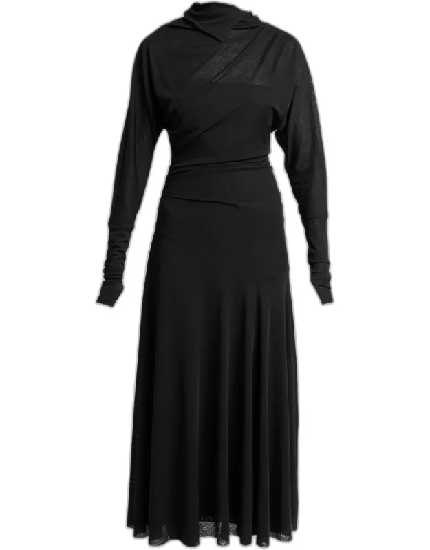 Draped Long-sleeve Ankle Dress