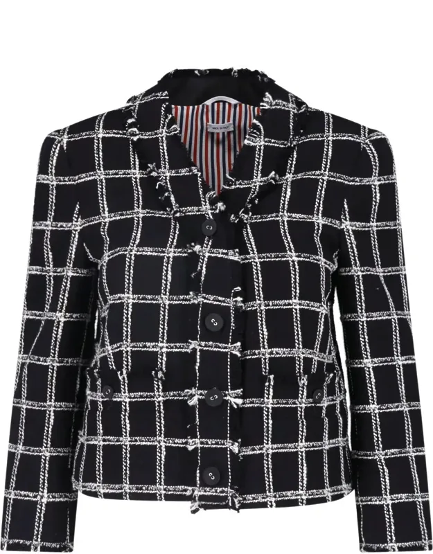 Cropped Windowpane Check Cotton-blend Tweed Blazer