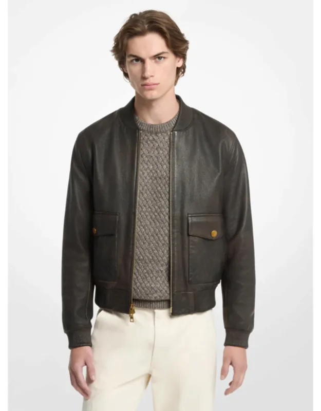Pebbled Leather Bomber Jacket