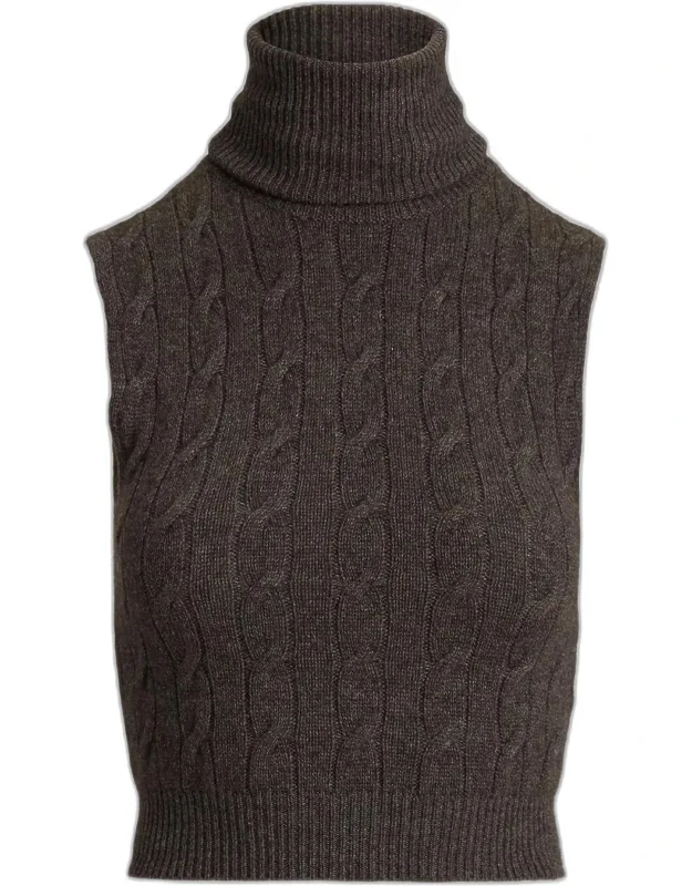 Embellished Cashmere Cable Sleeveless Turtleneck Sweater
