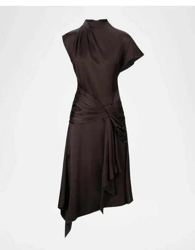 Front-knot Asymmetric Satin Midi Dress