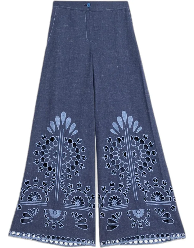 Cutwork Embroidered Cotton Wide-leg Pants