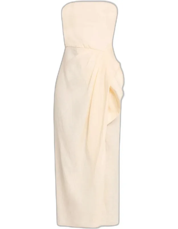 Ethereal Strapless Draped Linen Slit Maxi Dress