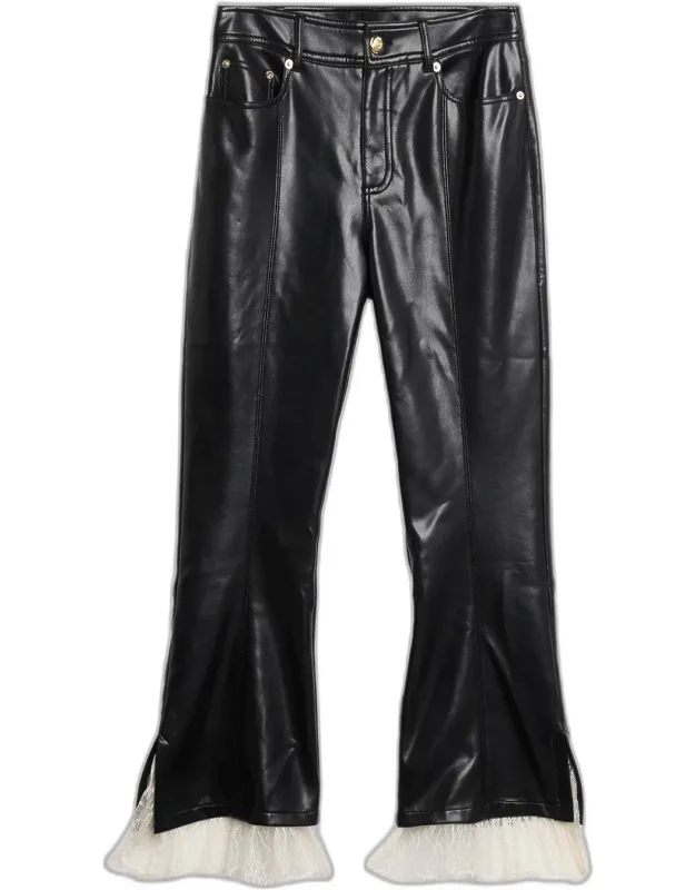 Lace-trim Vegan Leather Kick Flare Pants
