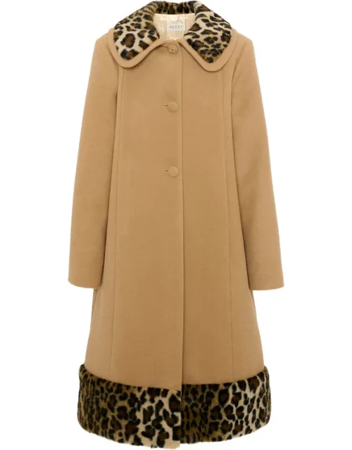 Leopard-print Trim Wool Coat