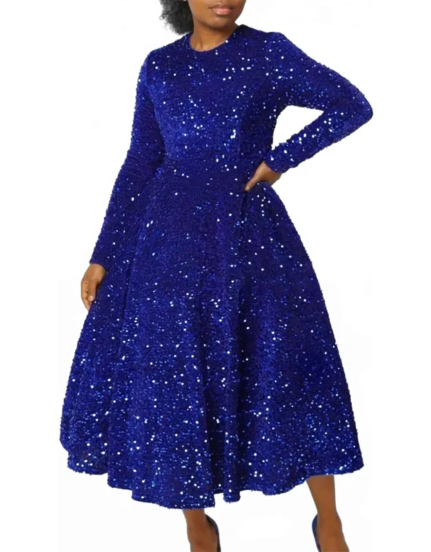 Round Neck Solid Color Sequin High Waist Dress