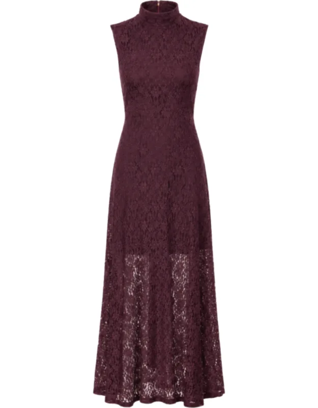 High Neck Lace Maxi Flared Dress