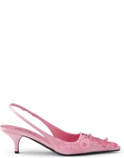 Embroidered Satin Slingback Pumps