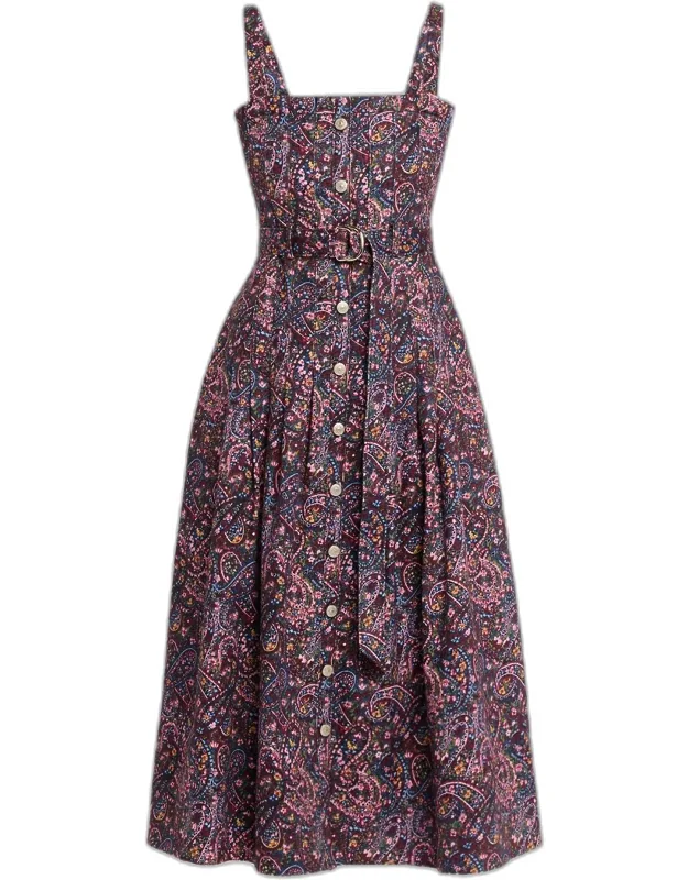 Belted Paisley Denim Midi Dress