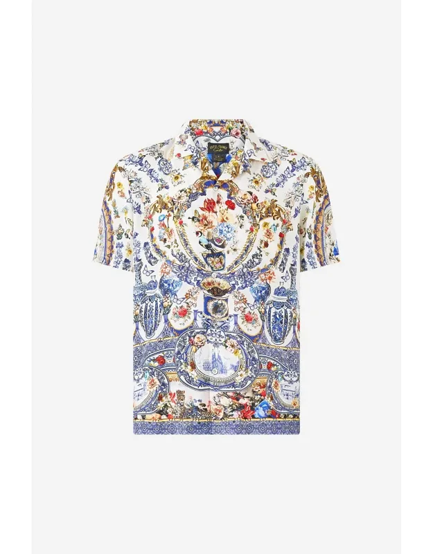 Camp Collared Shirt In Pottery Parlour With Vintage-inspired Design And Side Splits