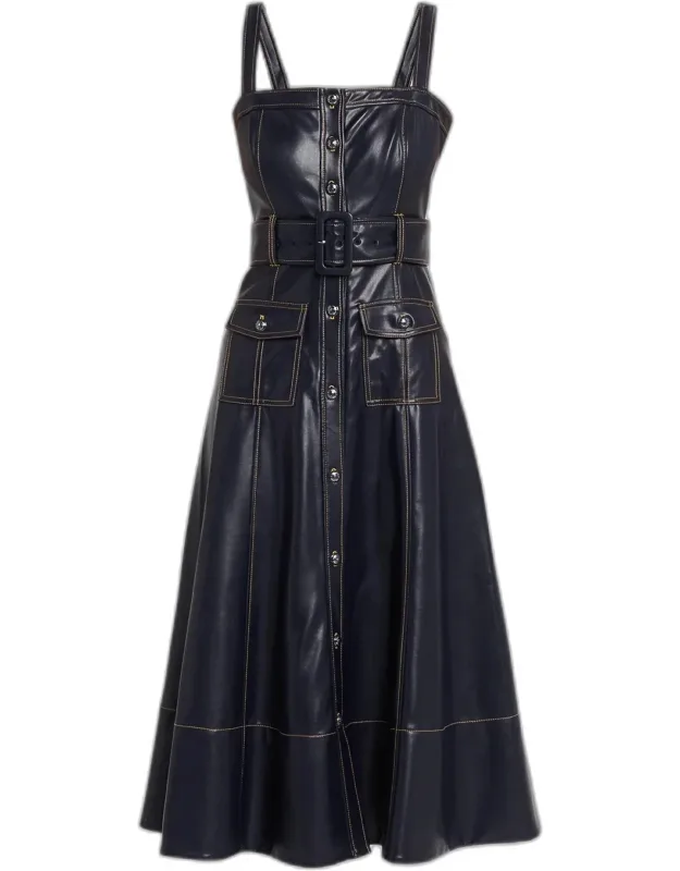 Belted Vegan Leather Midi Dress
