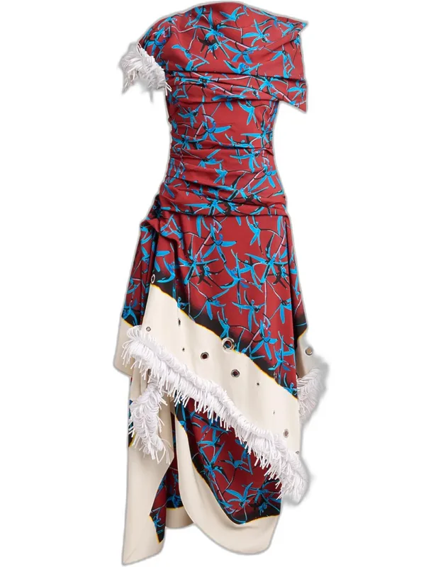 Asymmetric Draped Grommet Fringe High-low Dress