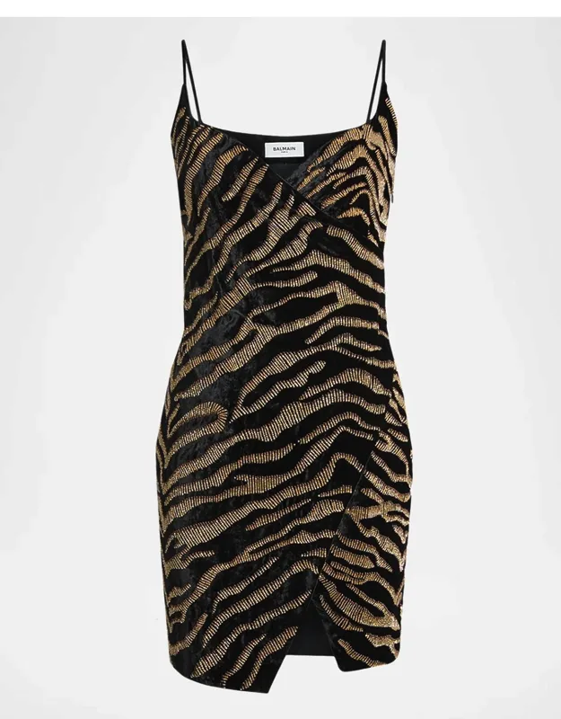 Sleeveless Tiger Embroidered Velvet Mini Wrap Dress