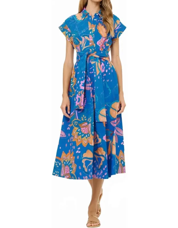 Belted Shirt Dress With Midi-length Circle Skirt And Side-seam Pockets
