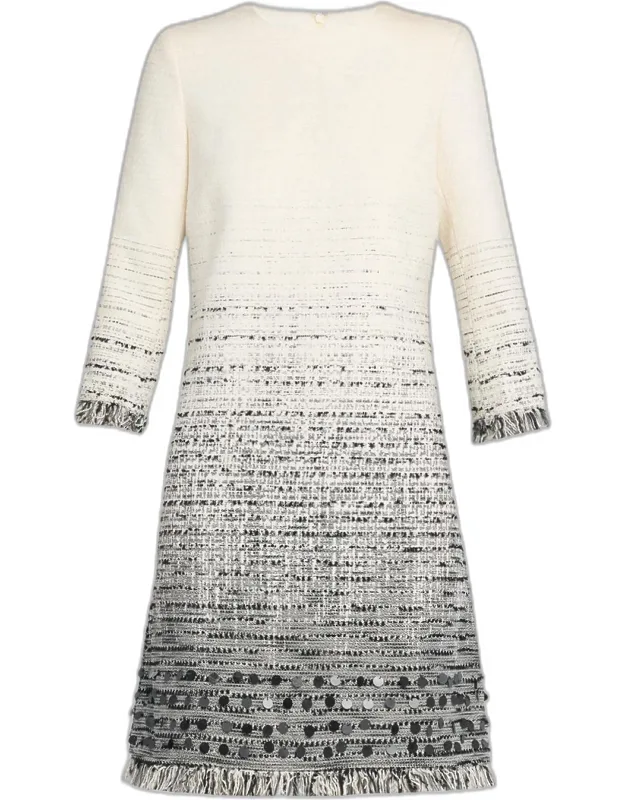 Fringe-trim Ombre Tweed Dress