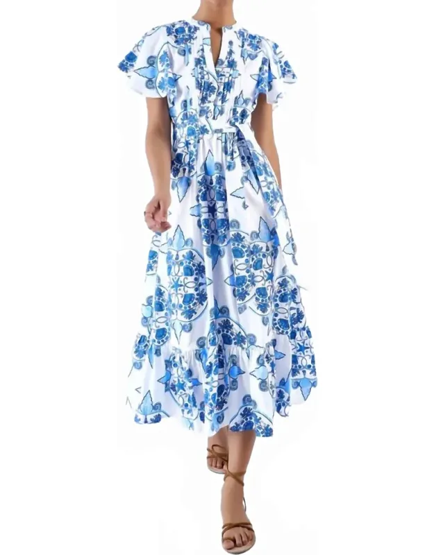 Leni Midi Dress - A-line Silhouette, Short Flutter Sleeves, Flattering V-neckline, Breathable Cotton, Cinched Waist