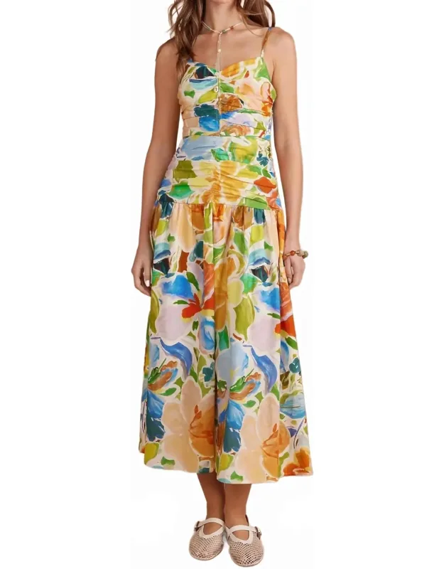 Floral Print Shirred Sleeveless Long Dress