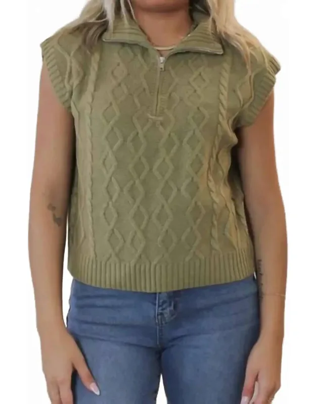 Half Zip Sleeveless Cable Sweater Top