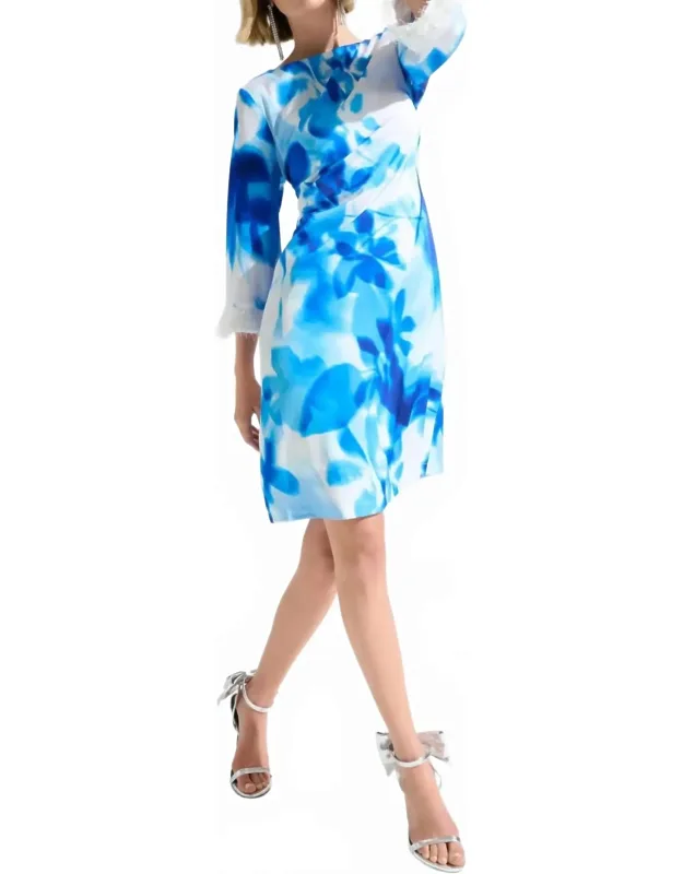 Floral Fringe Cuff Satin Shift Dress