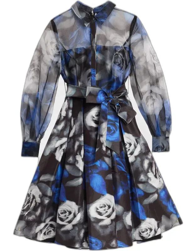 Belted Floral Organza Midi Shirtdress