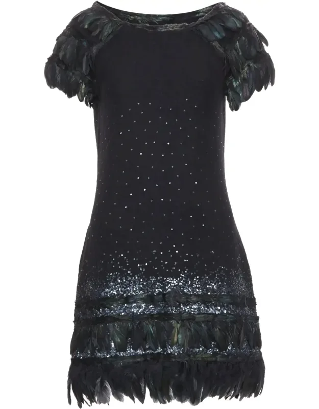 Wool Iridescent Sequin Feather Hem Mini Dress