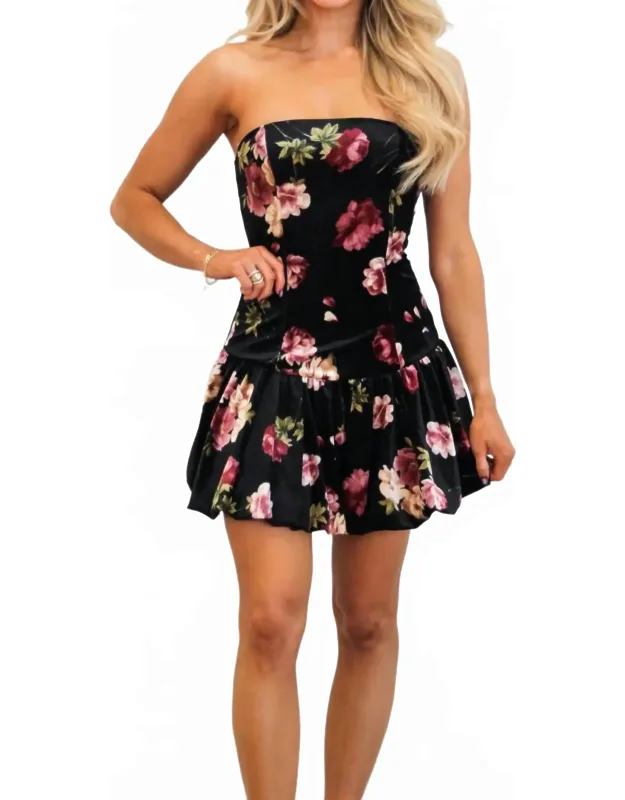 Strapless Floral Velvet Bubble Mini Dress