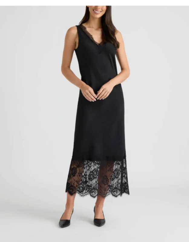 Satin V-neck Lace Trimmed Dress