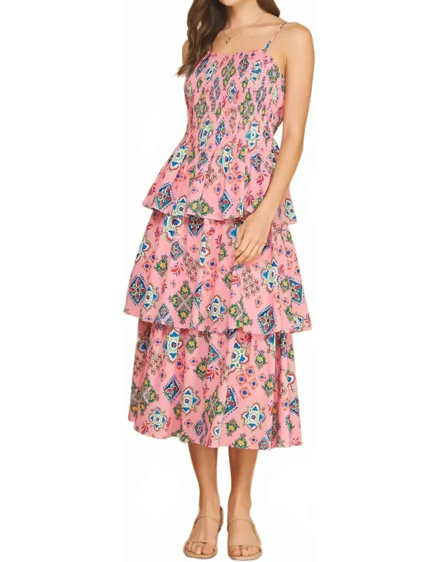 Printed Pintucked Tiered Midi Dress