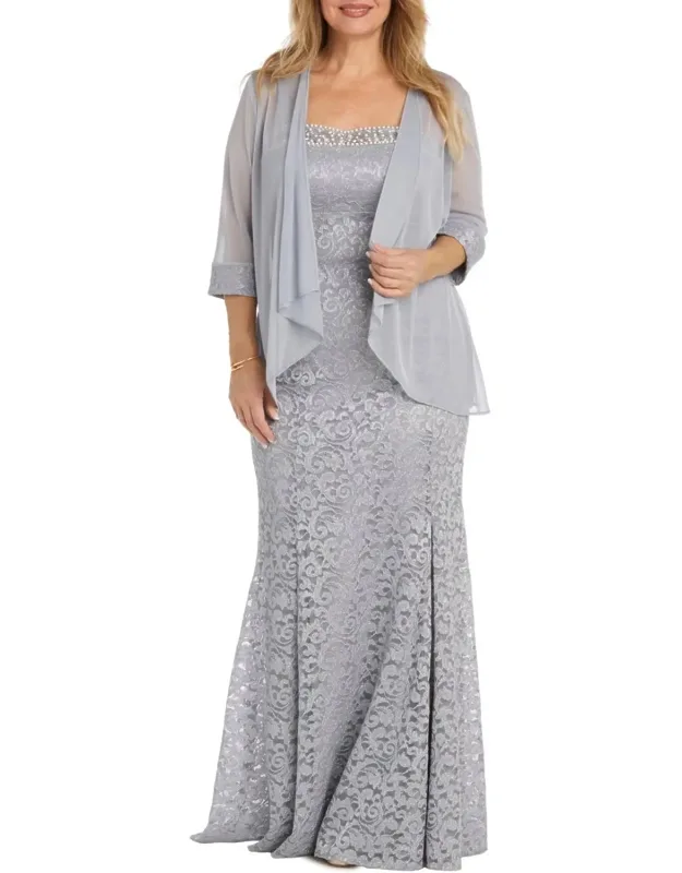 Sheer Jacket Beaded Lace Evening Dress
