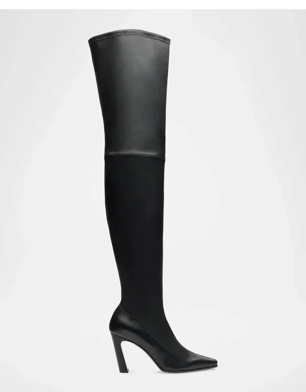 "ultrastassi Stretch Leather Over-the-knee Boots With 3.25 In Angled Block Heel And Snipped-off Pointed Toe"