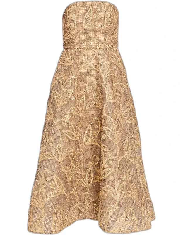 Petunia Strapless Embroidered Metallic Midi Dress