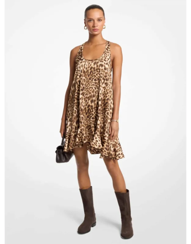Leopard Print Satin Ruffled Dress