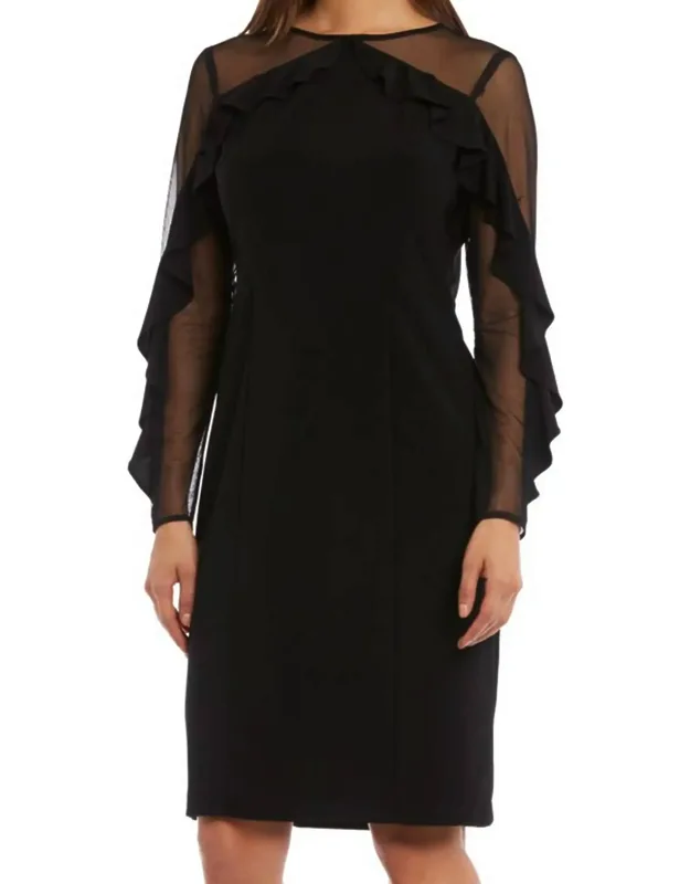 Knee-length Dress With Sheer Details And Ruffled Sleeves