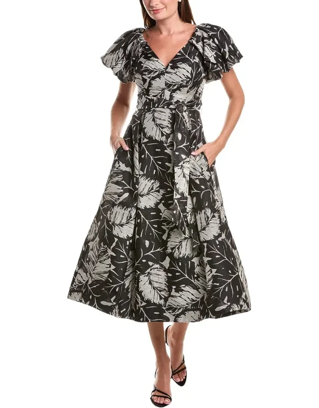 V-neck Puff Sleeve Pleated Silk & Linen-blend Dress