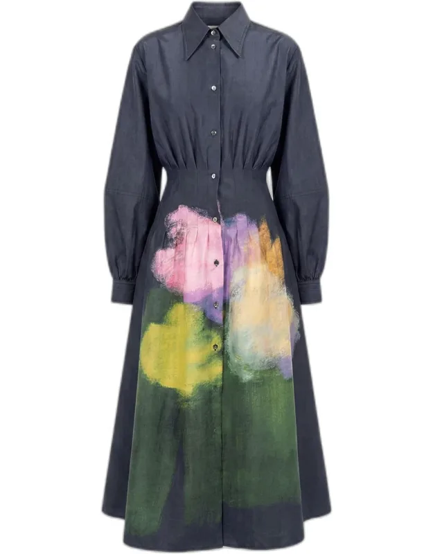 Pleated Abstract-print Silk Midi Shirtdress