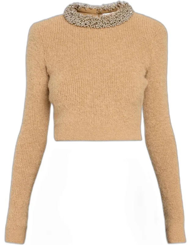 Beaded Trim Cropped Knit Sweater
