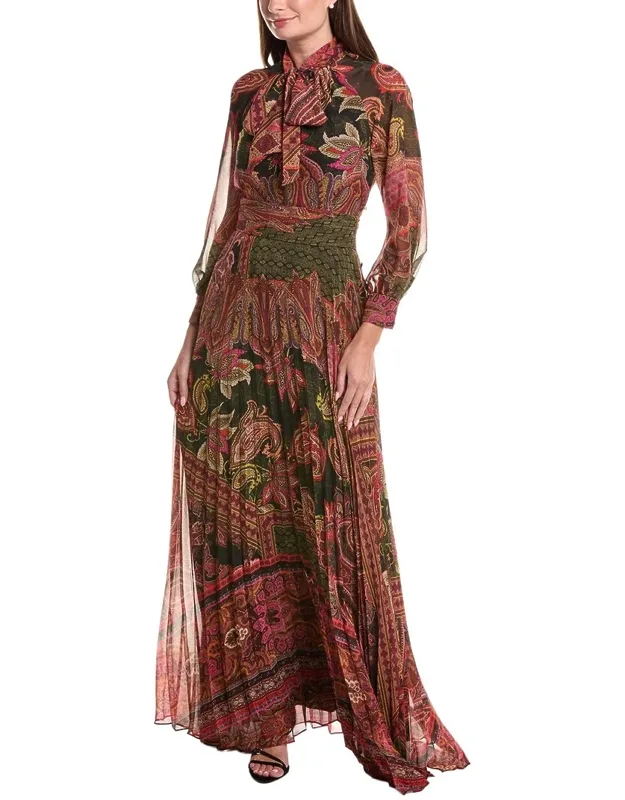 Chiffon Paisley Pleated Skirt Scarf Neck Maxi Dress