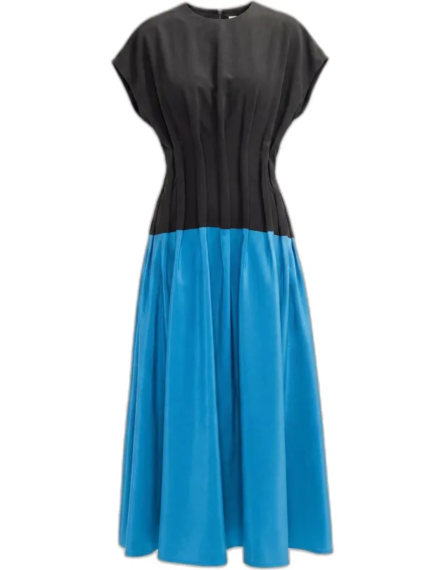 Pleated Colorblock Silk Midi Dress